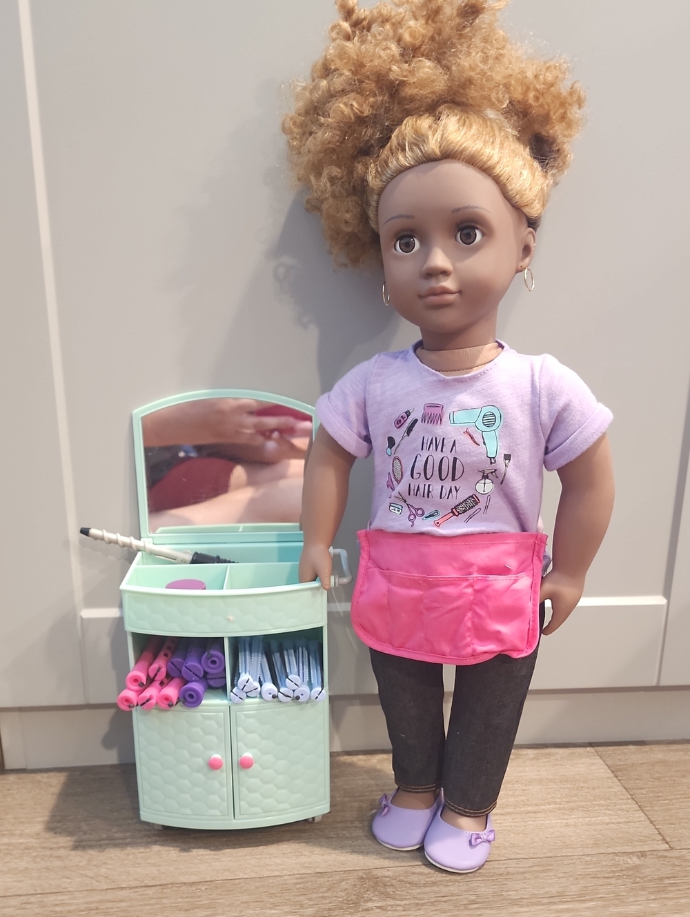 18in  Hairdressing Doll with Pink Apron and Lavender Outfit